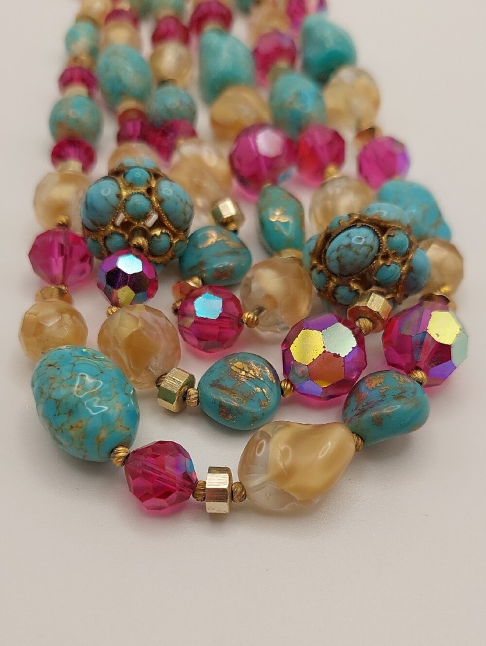 HATTIE CARNEGIE 3-Strand Vtg Blue Ceramic, AB Fuchsia Glass Choker Necklace MCM - Picture 11 of 16